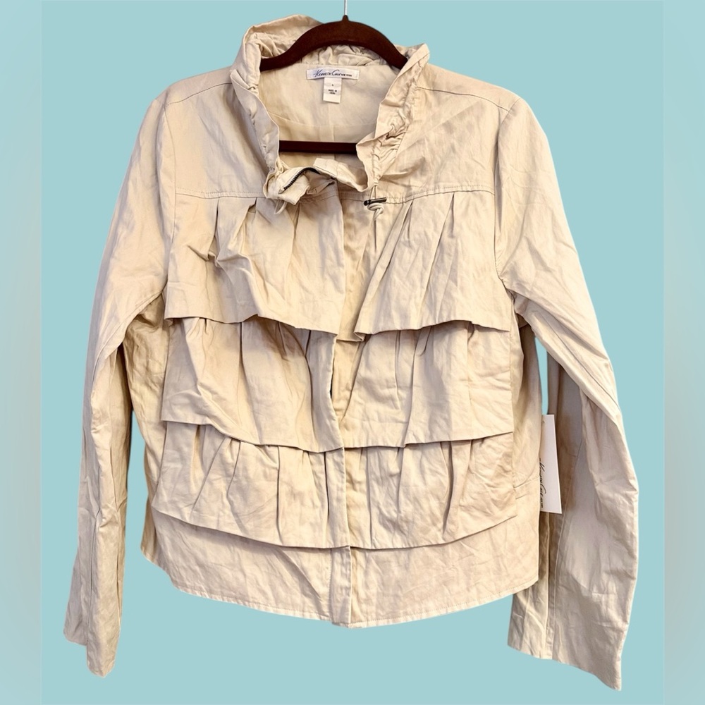 KENNETH COLE Tiered Ruffle Khaki Zip Jacket - Size L - NWT